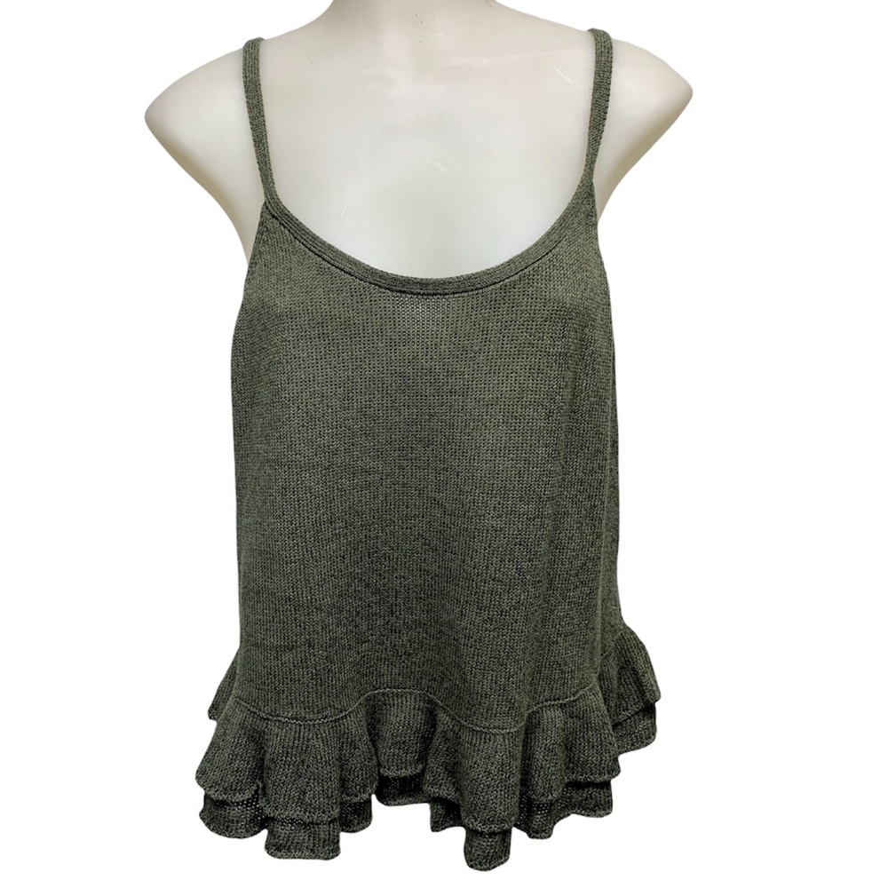 By ANTHROPOLOGY Knitted Green Spaghetti Strap Tank Crop Top Ruffle Minim…